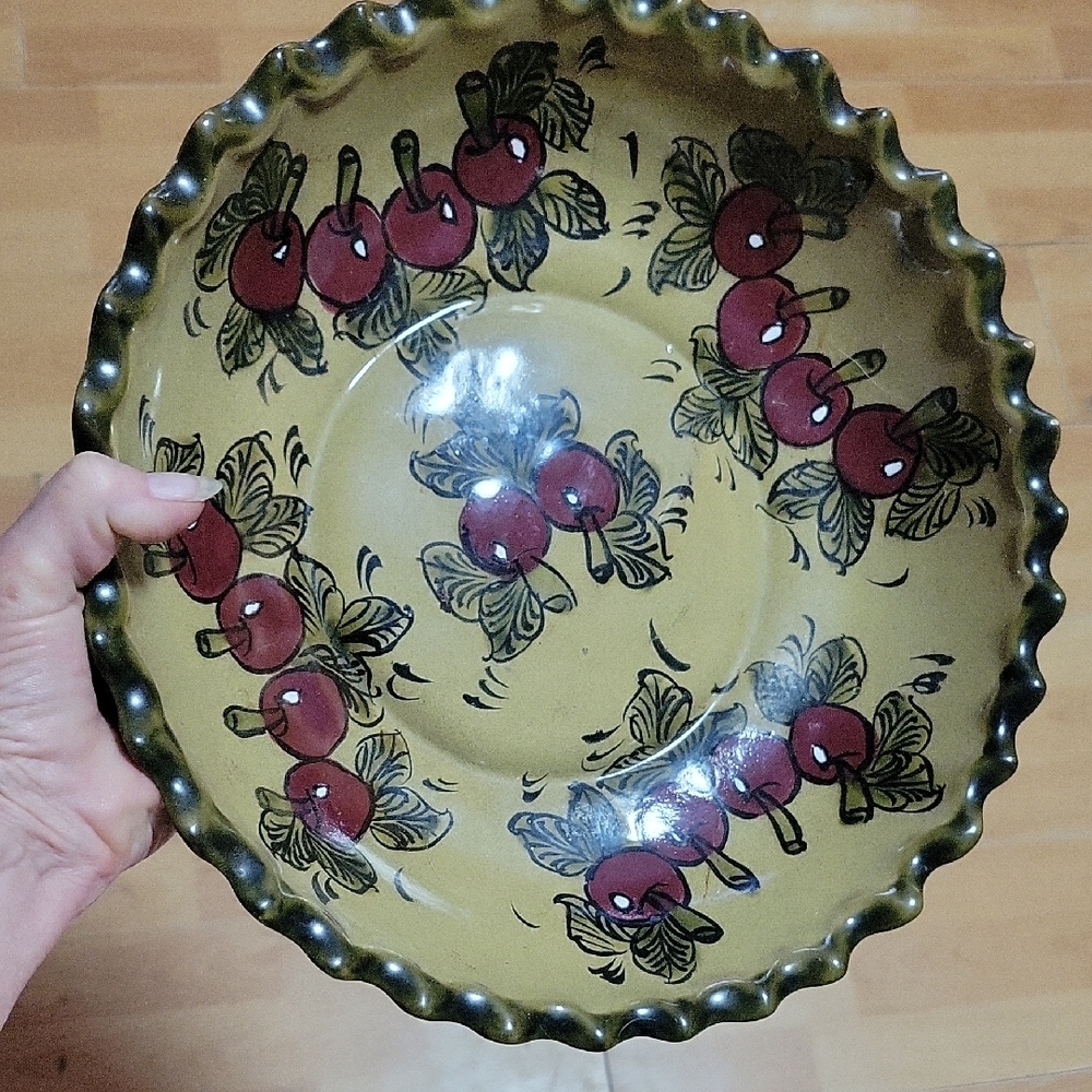Decorative Ceramic Bowl with Red Apple/ Cherries  Design~ Rippled Edges~ Mexico